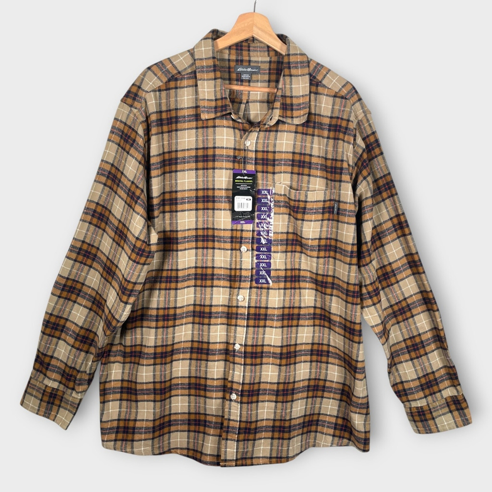 EDDIE BAUER Bristol Flannel Shirt Mens XXL (2XL) Khaki Plaid 100% Cotton NEW